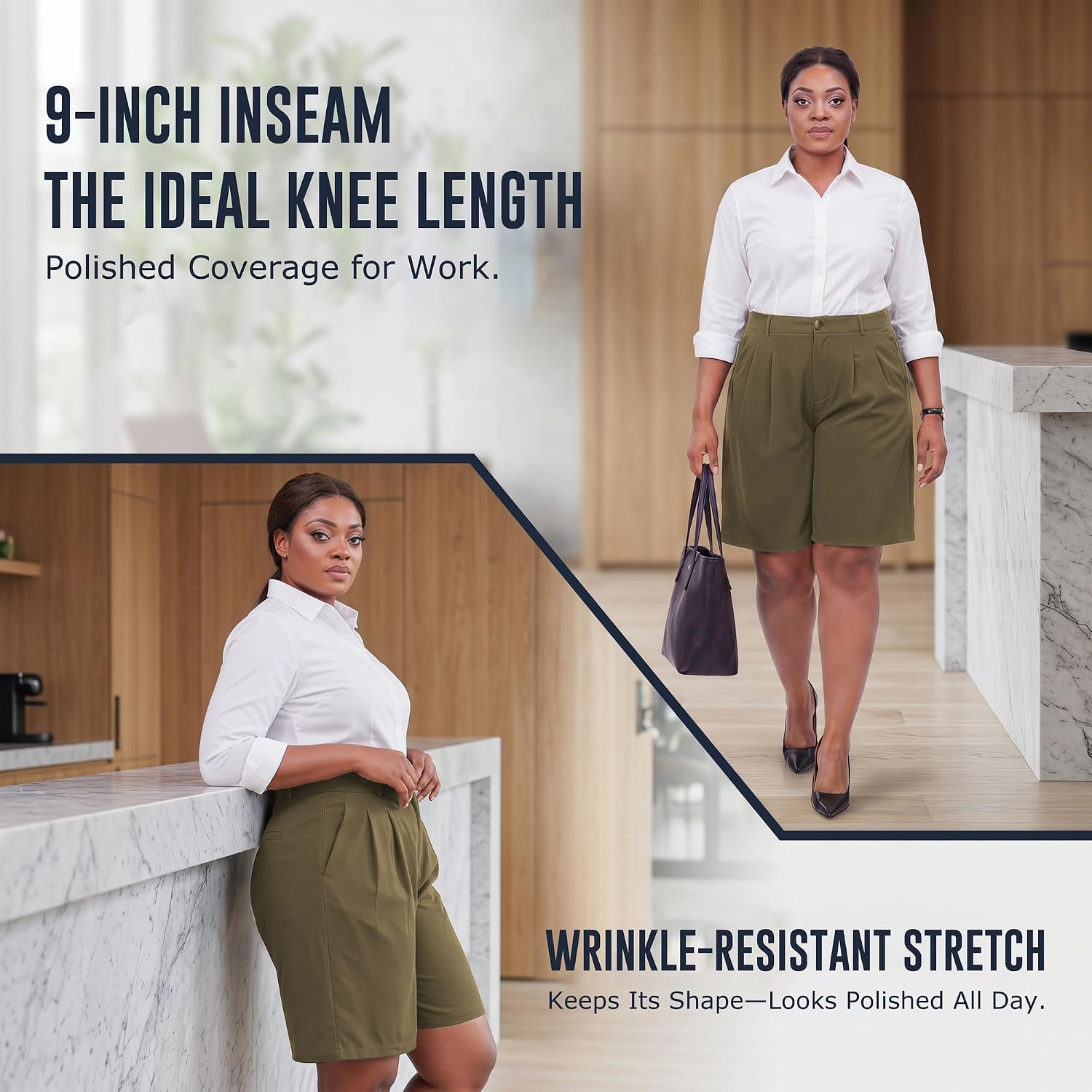Womens Shorts Plus Size High Waisted - Pockets, Flowy Curvy Fit, Bermuda Length for Work, Office, Daily Wear Women