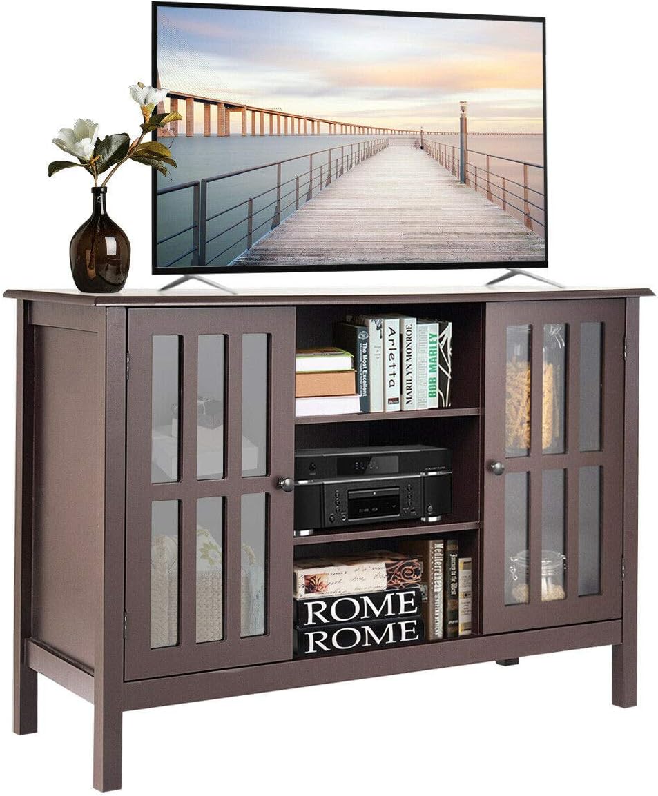 DORTALA Modern TV Stand up to 50 Inch TV, Tall TV Console Table w/ 2 Storage Cabinets & 3 Open Shelves, Wire Hole, Wood Entertainment Center for Living Room, Brown