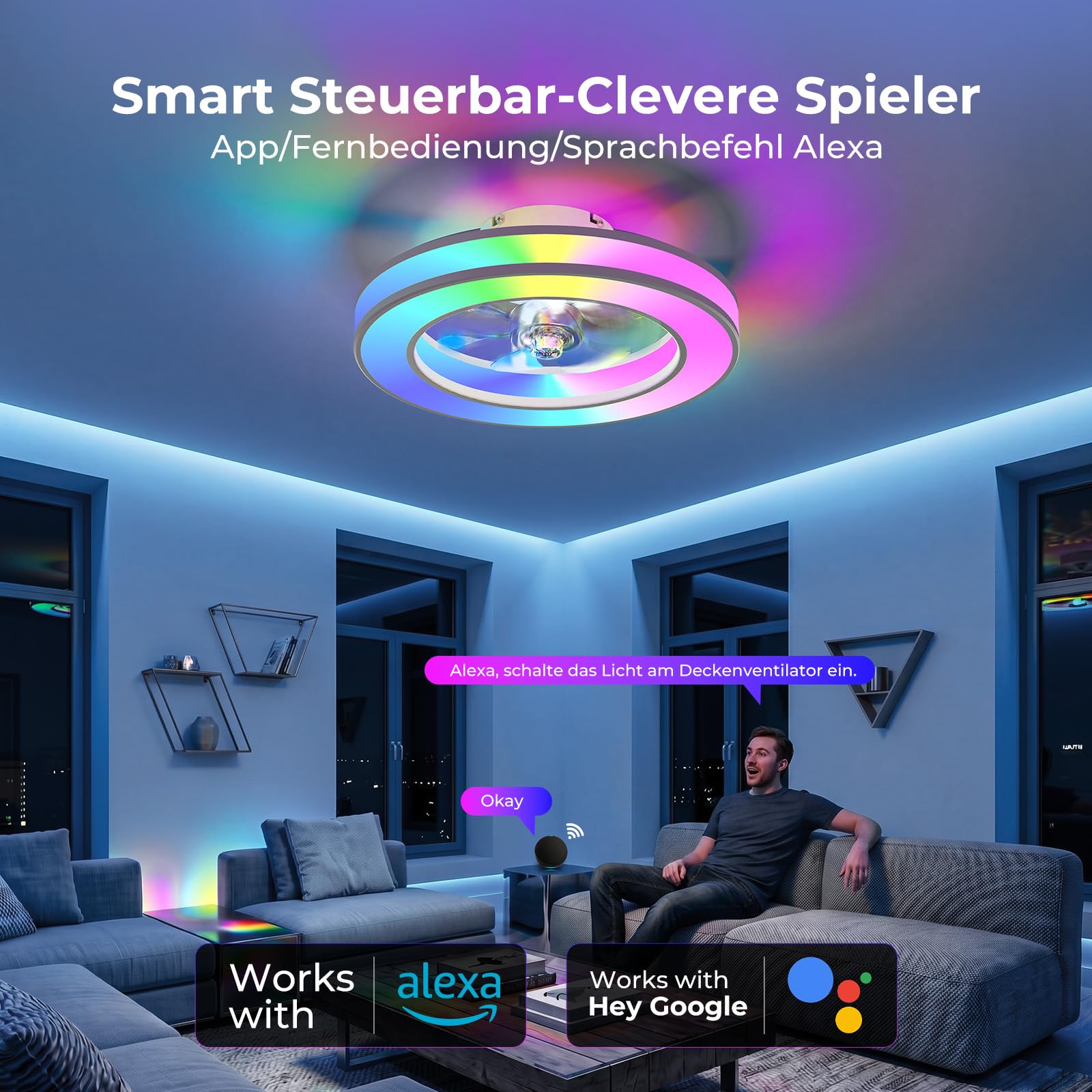 Peasur Leiser Deckenventilator mit Beleuchtung RGBAI, Smart APP Deckenleuchte mit Ventilator Fernbedienung, 6 Windstufen, Sommer/Winter Funktion, für Schlafzimmer Wohnzimmer, Ø40CM