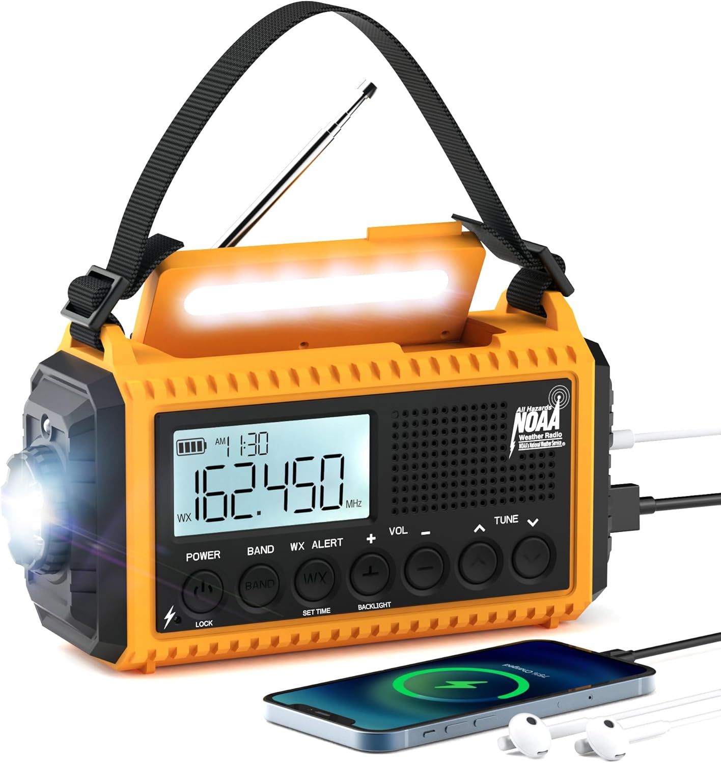 NOAA Emergency Weather Radio – 5000mAh Solar/Hand Crank/Battery AM/FM/SW with USB Charger, LED Flashlight & SOS Alert, Clock, Portable Survival Radio for Power Outage, Hurricanes, Camping