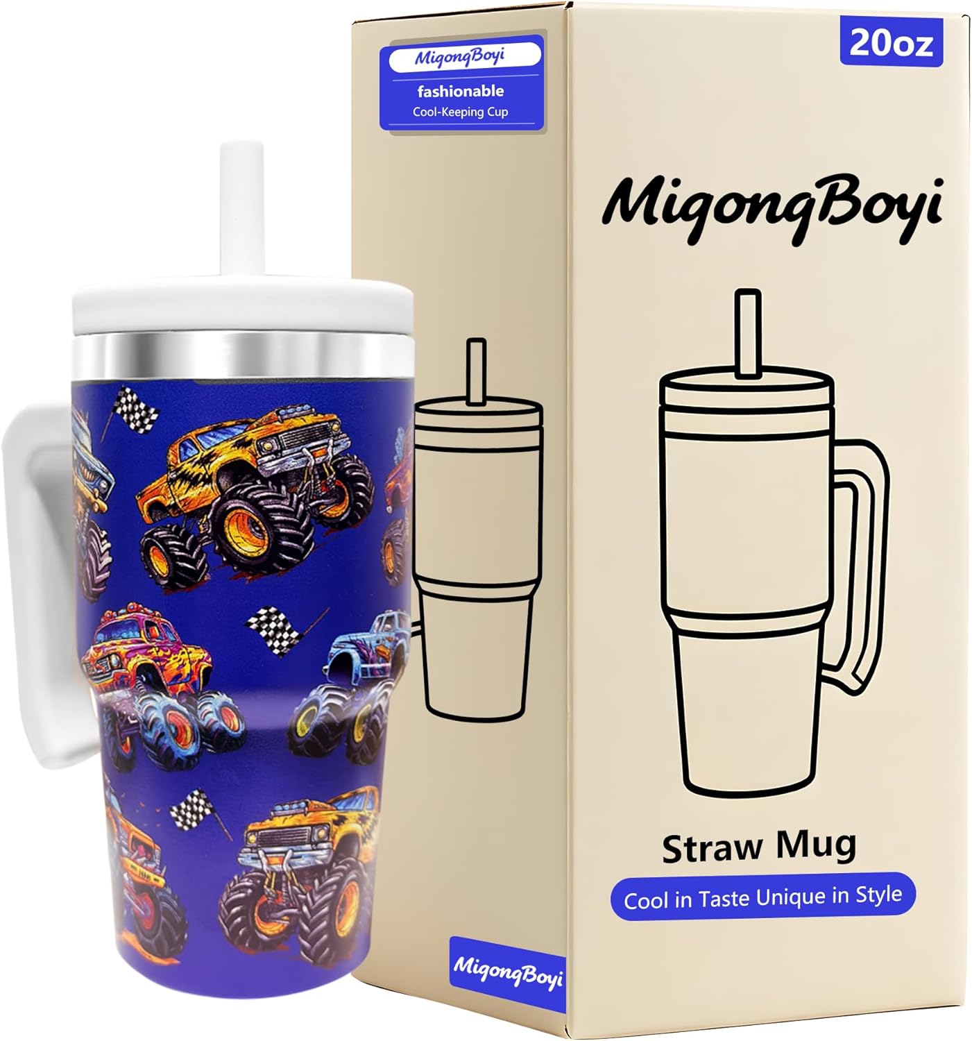 20-OZ Insulated Water Bottle,Insulated Stainless Steel Tumbler,Reusable Cold Drink Thermos,BPA-Free, Double-Wall Stainless Steel Water Bottle (Dark blue-Monster truck, 20, Fluid Ounces)