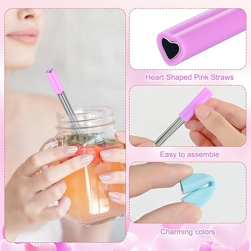 Miniatura 4 de Pajitas de acero inoxidable en forma de corazón con puntas de silicona, pajitas de corazón reutilizables, lindas pajitas con 2 cepillos de limpieza