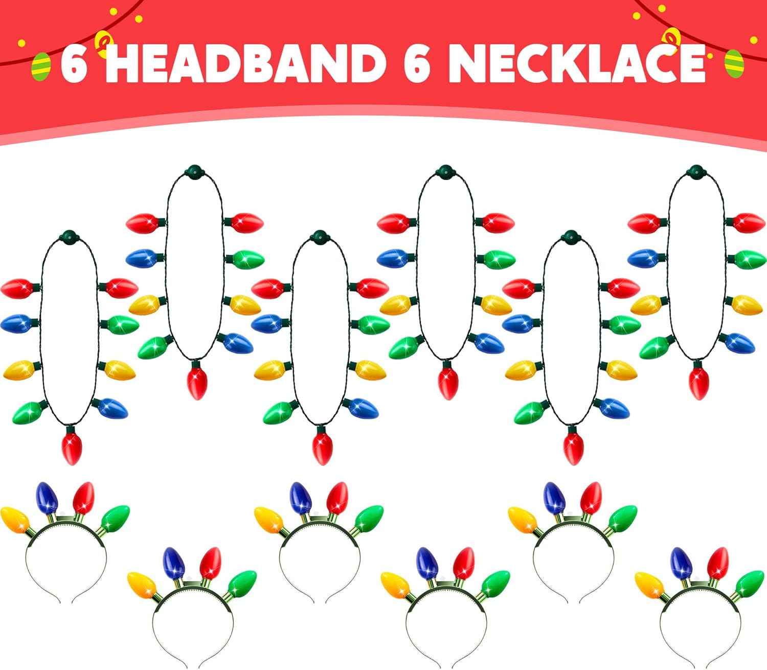 JOYIN 12PCS Christmas Light Up Headband and Necklace with 6 Flashing Modes, LED Christmas Lights Bulb Necklace Headband for Kids Women Men Xmas Party Supplies Accessories