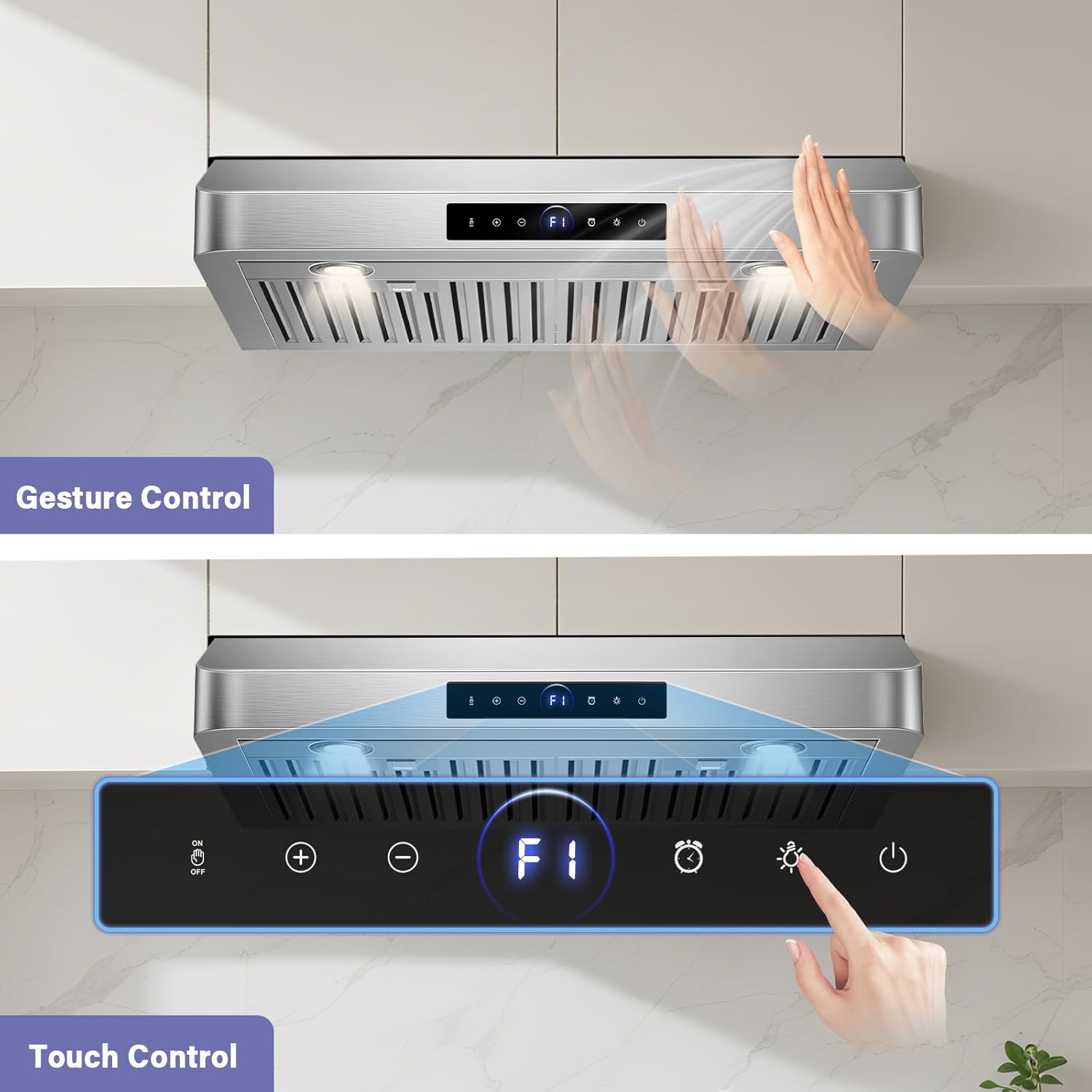 30" Under Cabinet Range Hood,1200CFM Vent Hood with Powerful Suction,4-Speed Exhaust Fan,Stainless Steel Ducted Kitchen Exhaust Hood with Led Lights,Smart Touch Panel, 15S-E30