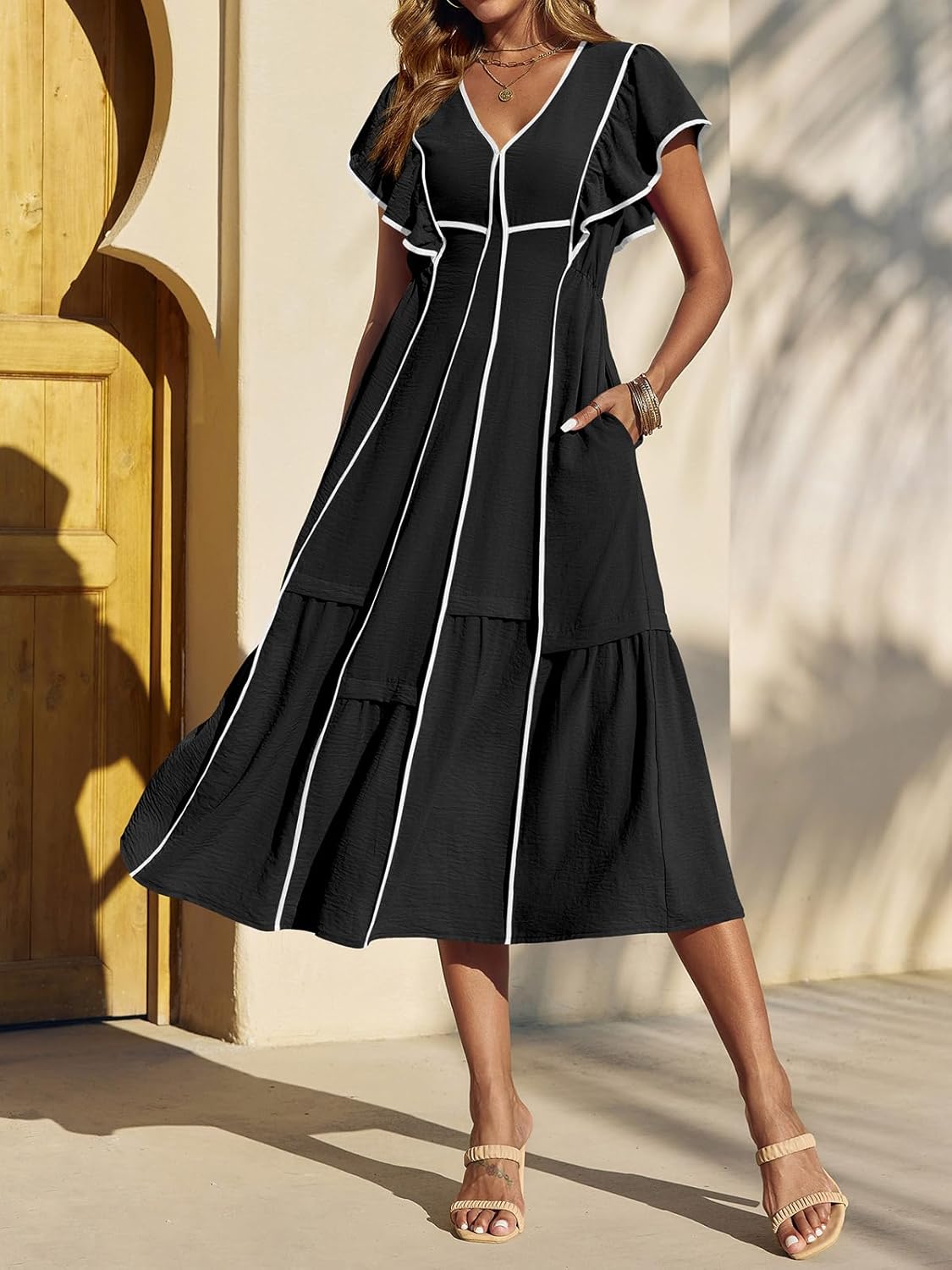 Wenrine Womens Summer V Neck Midi Dress Casual Ruffle Sleeve Contrast Color Loose Fit Flowy Long Dresses - Image 2