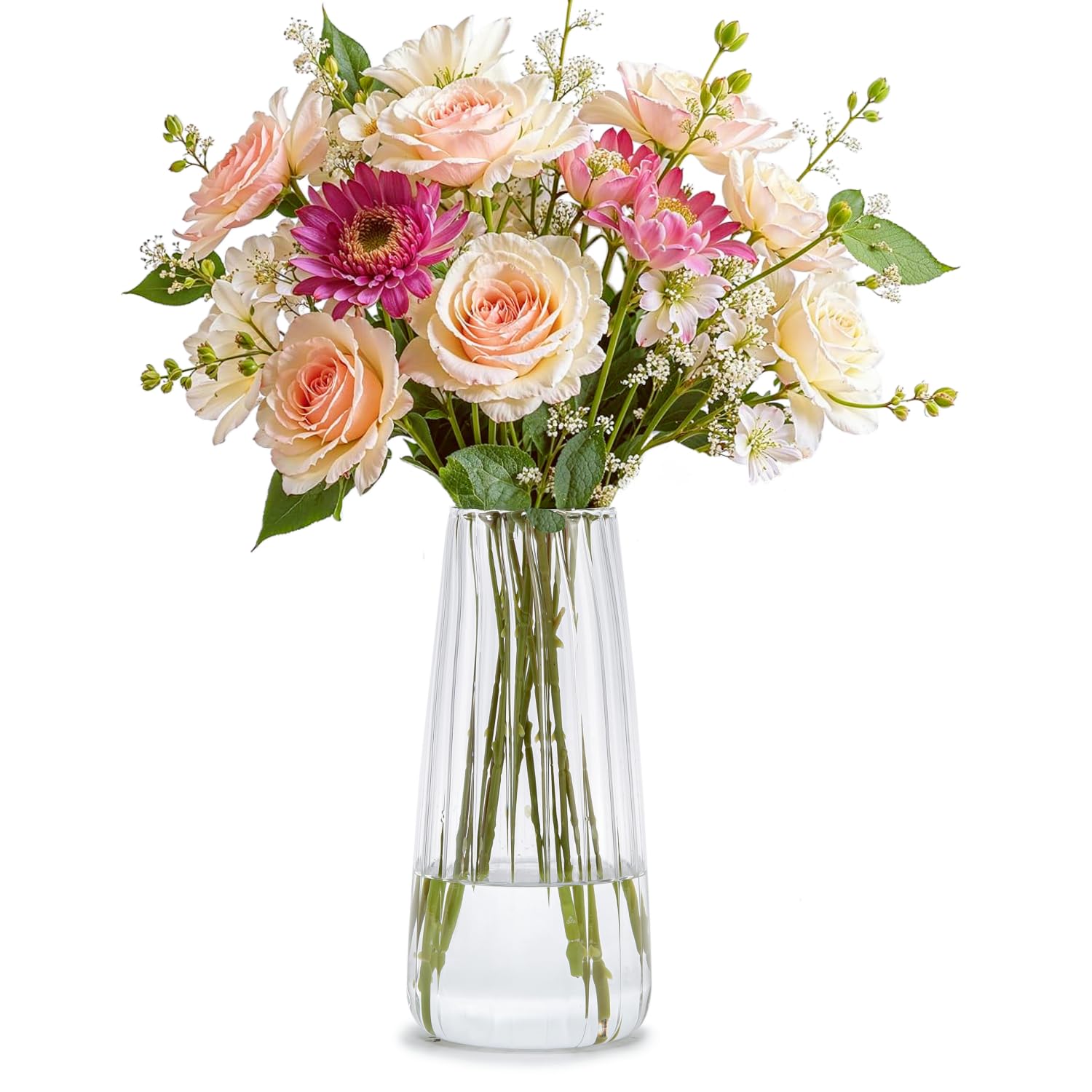 8.3" Clear Glass Vase for Flowers, Modern Ribbed Flower Vase for Home Decor — image 1