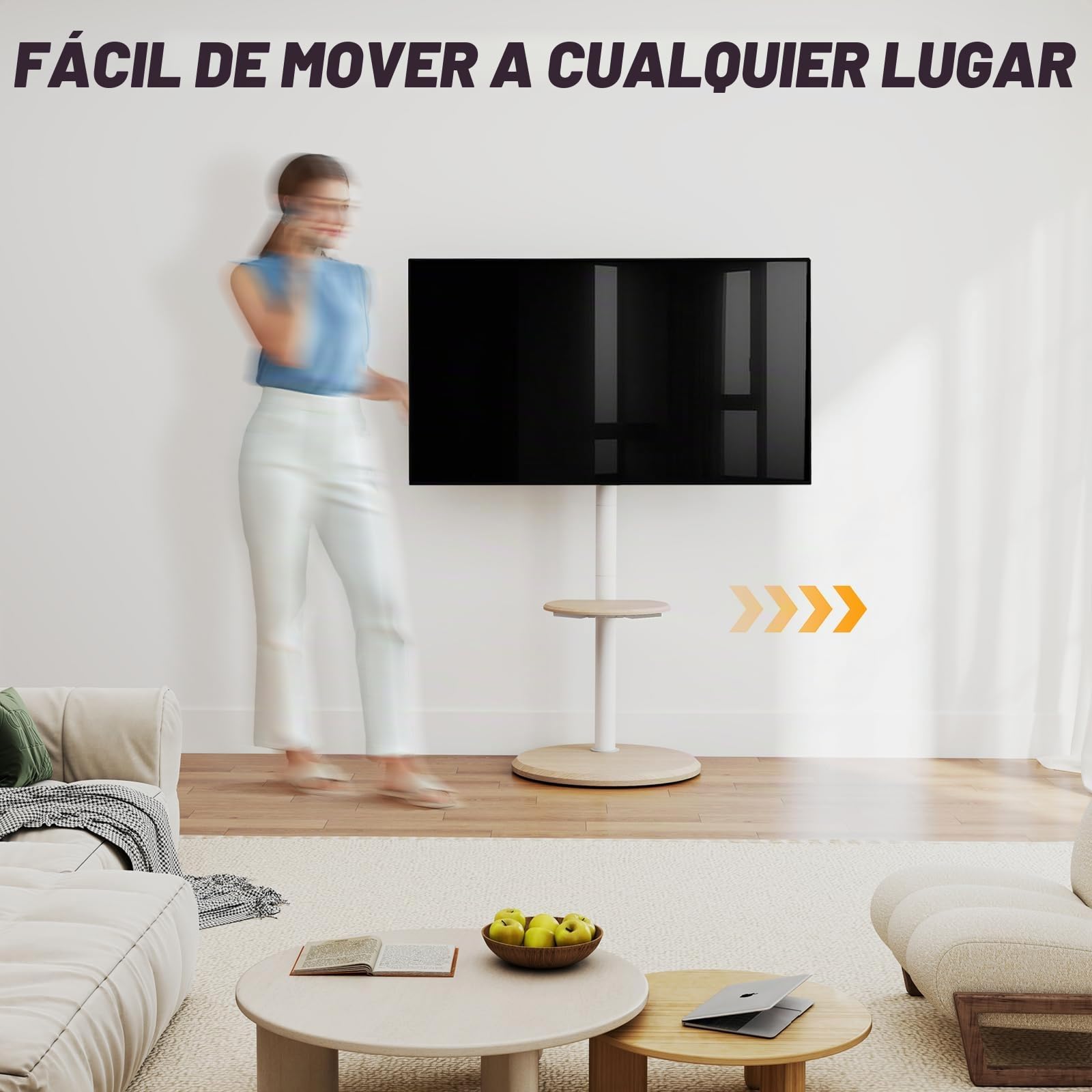 RFIVER Soporte TV de Pie para 32-65 Pulgadas, Soporte TV Móvil Blanco con Ruedas Ocultas y Estante de Madera, Altura Ajustable e Inclinable, hasta 40 kg, VESA 400x400mm