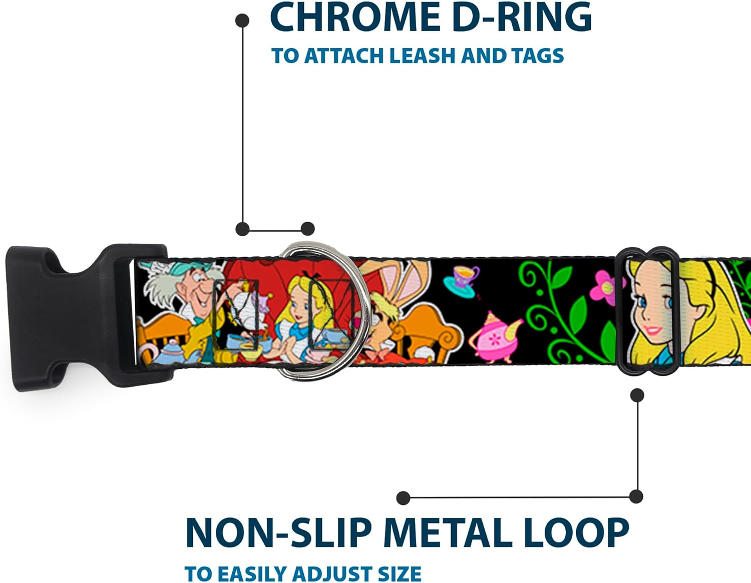 Buckle-Down Plastic Clip Collar - Alice's Encounters in Wonderland - 1.5" Wide - Fits 18-32" Neck - Large