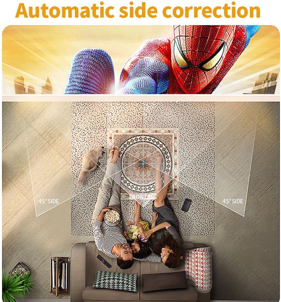 Paihao HY400 Projector demonstrating automatic side correction, adjusting image for off-center projection