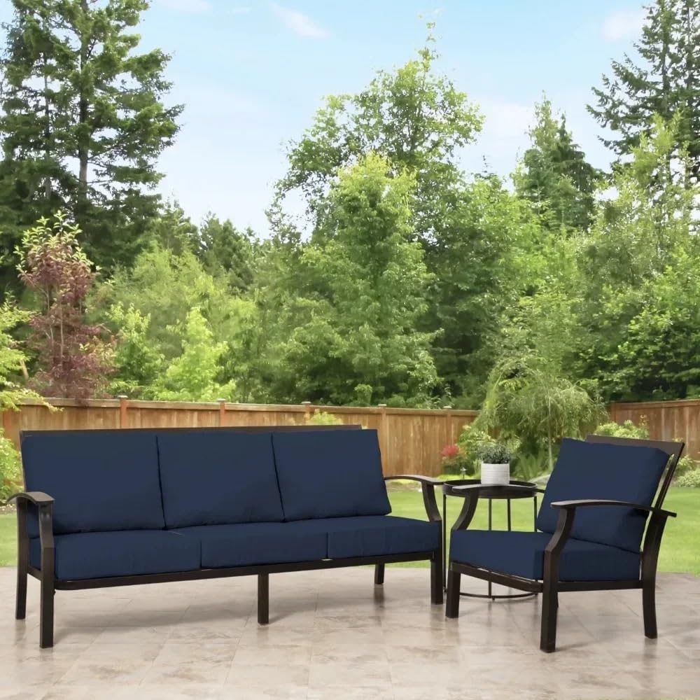 ネイビーブルー長方形屋外用ディープシートクッション2ピースソフトな