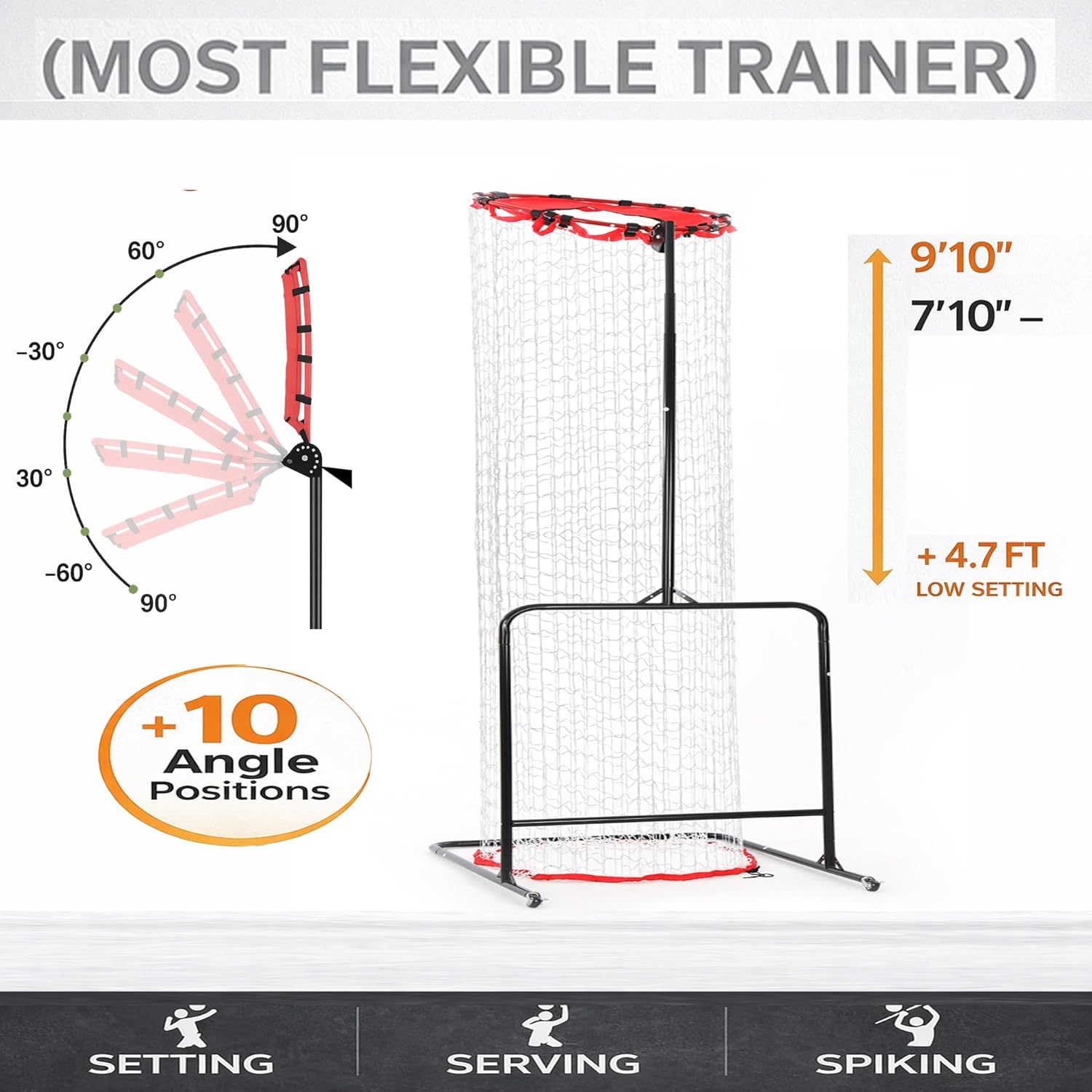 Volleyball Setter Trainer Net | Setting Training Equipment for Target Practice Indoor or Outdoor, Adjustable Height (4'6"–10'10") and 10 Angles for Serving Spiking Drills
