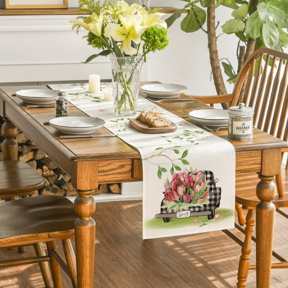 Artoid Mode Tulip Buffalo Plaid Truck Spring Table Runner, Summer Seasonal Anniversary Holiday Kitchen Dining Table Decoration for Indoor Outdoor Home Party Decor 13 x 90 Inch