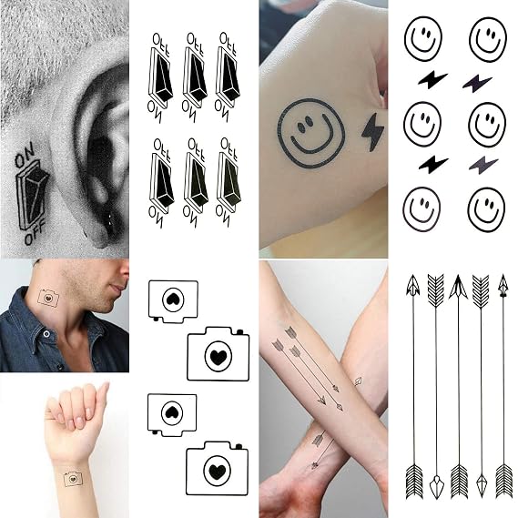 30 Sheets Small Cute Temporary Tattoos Kit - Black Foot Print Camera Elephant Star Diamond Cross Bird Cat for Kids Women Men