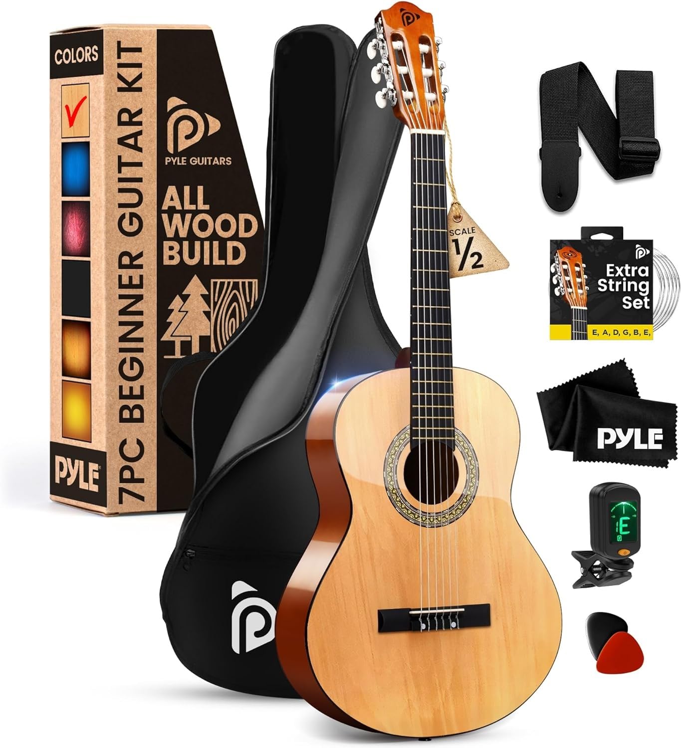 PYLE BEGINNER ACOUSTIC GUITAR KIT 1 2 JUNIOR SIZE ALL WOOD INSTRUMENT FOR KIDS ADULTS 34 NATURAL GLOSS