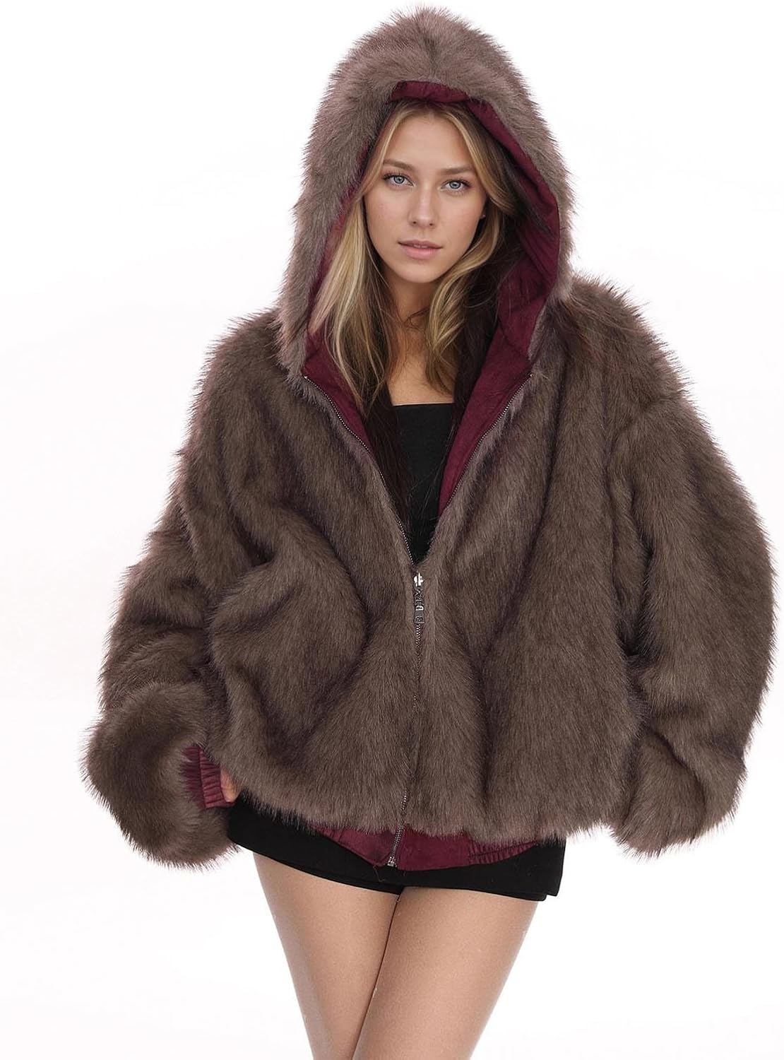 Women's Reversible Jacket Hooded Zip Front Casual Loose Bomber Coat
