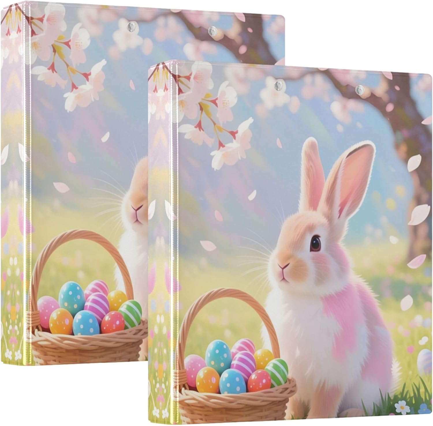 Happy Easter Bunny Eggs 3 Ring Binders, 1.5” Round Ring Binders with Clipboard - Letter Size, 3 Interior PVC Clear Pockets & Anti-Slip Clip for Office School Supplies, 2PCS