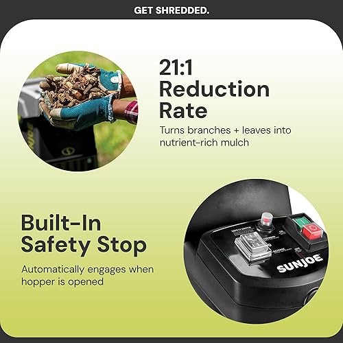 Miniatura 4 de Sun Joe CJ603E Corded Wood Chipper and Shredder with 15A Electric Motor, 1.7-Inch Cutting Diameter, Includes Safety Hopper, Feeding Paddle, and