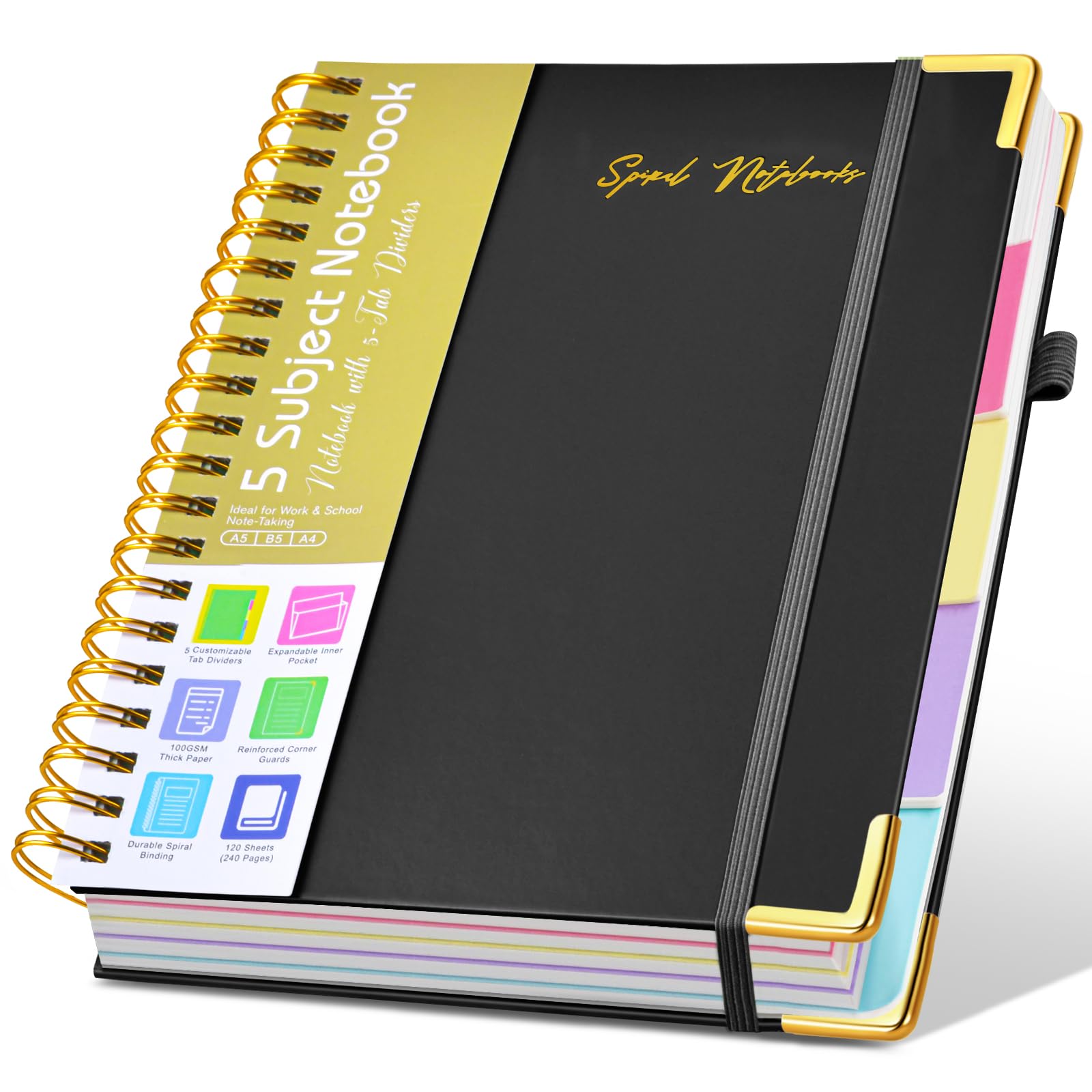 Hardcover Large Spiral Notebook with Removable Dividers Tabs A5 Black