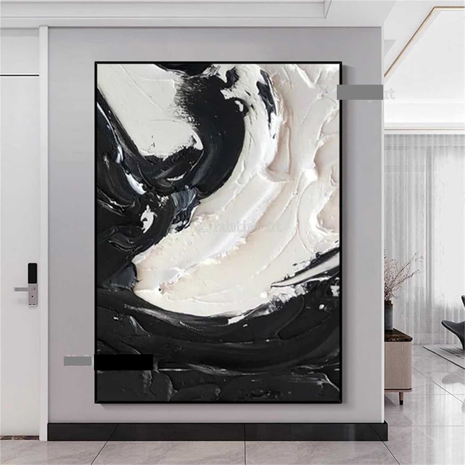 HIKLC LargeHeavy TexturedThick Acrylic3D AbstractBlack WhiteOil Painting CanvasPicture WallArt HandPainted UnframedArtwork(Light yellow,145x240cm unframed)