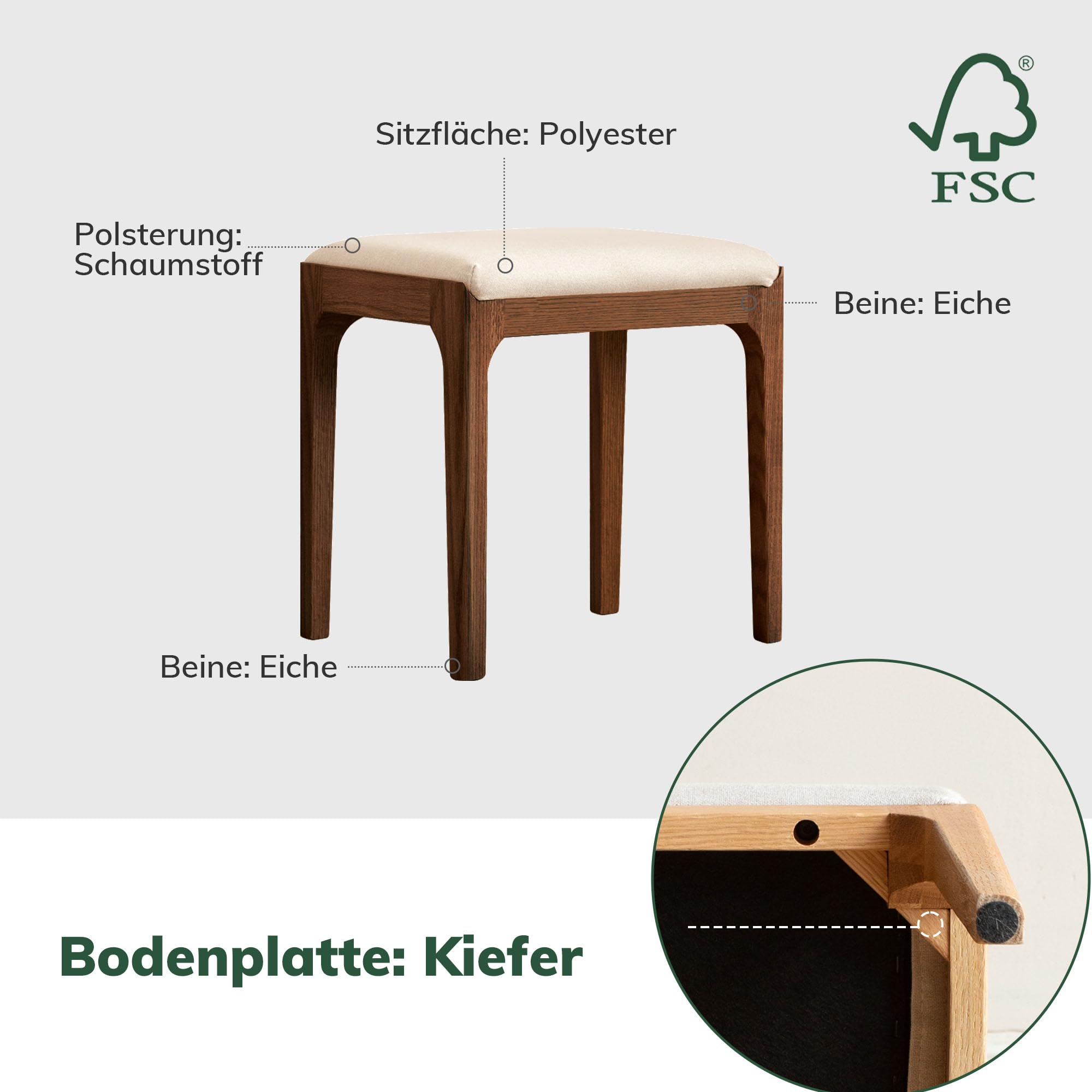 YESWOOD Schminktisch Stuhl, Stabiler Holzhocker Massivholz, Polsterhocker mit Leinenoptik, Schminktisch Hocker 42x30x42 cm, Make-up Hocker für Schlafzimmer, Eiche in Walnussfarbe