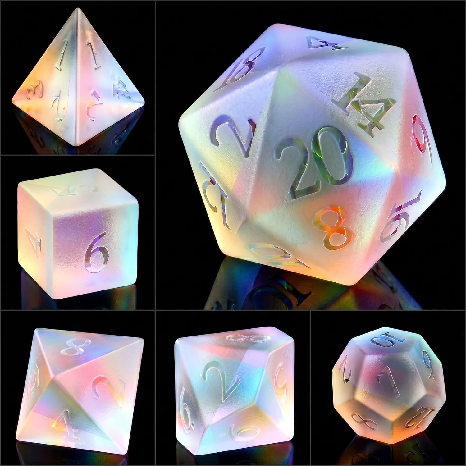 Natural Iridescent Glass Dice Set, 7-Piece Handcrafted Polyhedral Dice with Gold Engraving, Ideal for D&D, RPG, MTG & Tabletop Games, Gift Box Included (Iridescent Glass) image 4