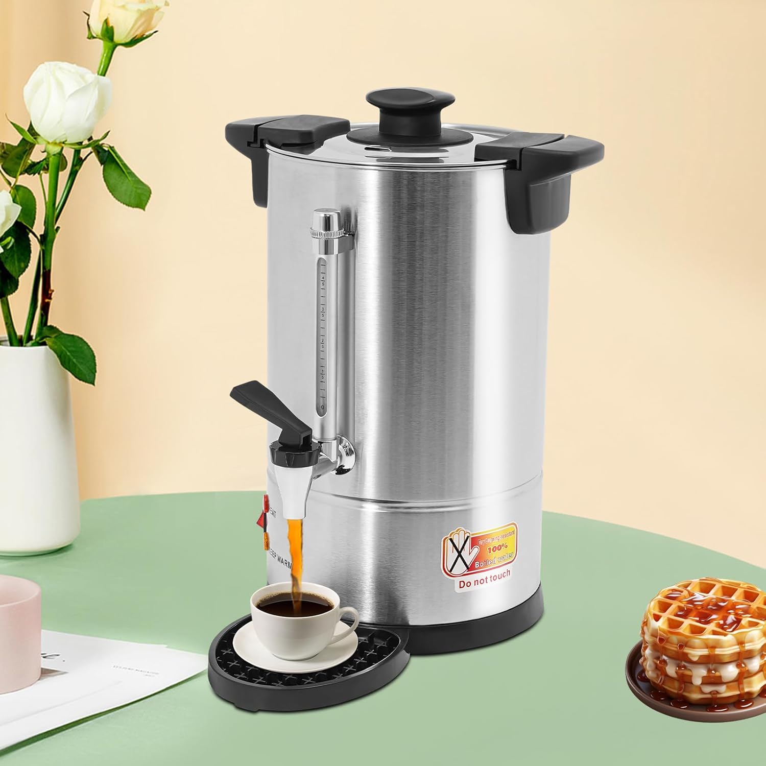 Commercial Coffee Urn with Filter, Coffee Maker With Auto Temp Control & Anti-dry Burn Protection, Large Stainless Steel Hot Beverage Dispenser, Hot Water Urn For Parties, Catering (Silver, 8L)