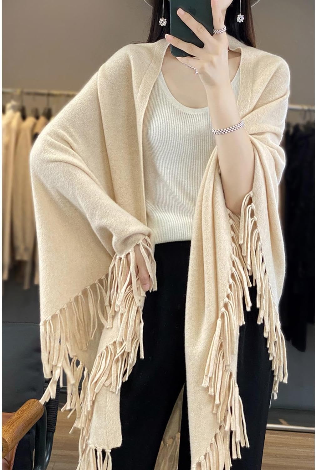 100% Merino Wool Shawl Wrap Women's Tassel Poncho Cape Cardigan Autumn Winter Loose Open Sweater Coat - Image 3