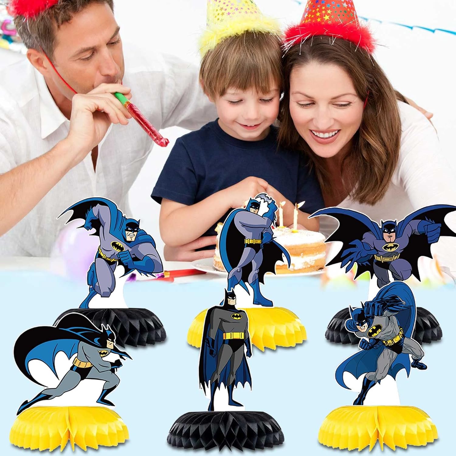 Bat-Man Birthday Party Supplies - 6pc Bat Hero Theme Table Centerpieces, Double Side Honeycomb Table Decorations, Cake Toppers, Photo Booth Props, for Boys and Girls Party