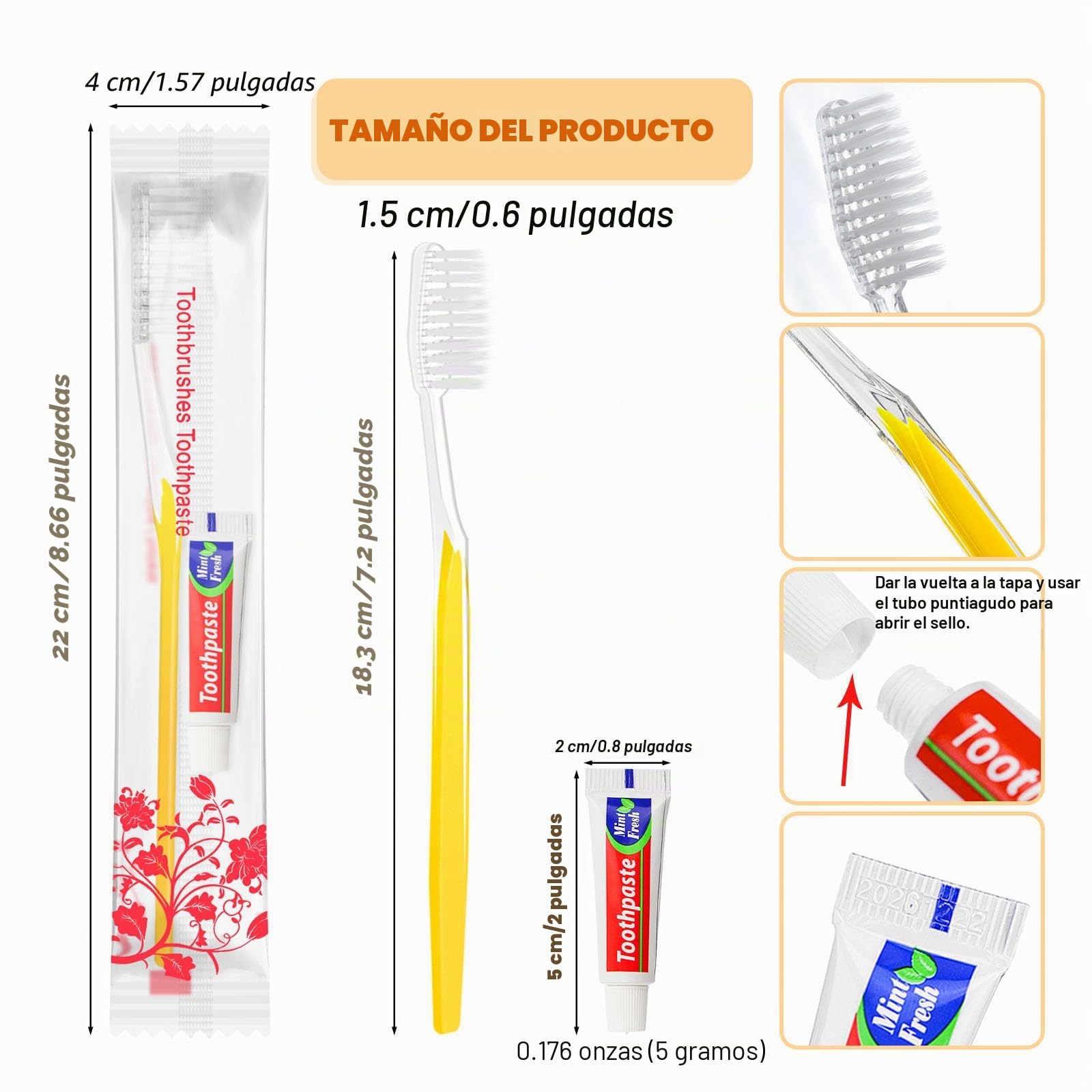 Cepillos de dientes de viaje,100 paquetes de cepillos de dientes de viaje para el hotel de camping Cepillos de dientes desechables y pasta de dientes (5 colores)