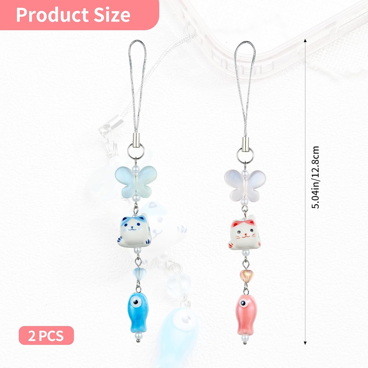 BEEFLYING Porcelain Cat Fish Phone Charm with Butterfly Heart Star Cellphone Pendant Mobile Phone Strap for Keychain Bag Camera Deco - Image 2