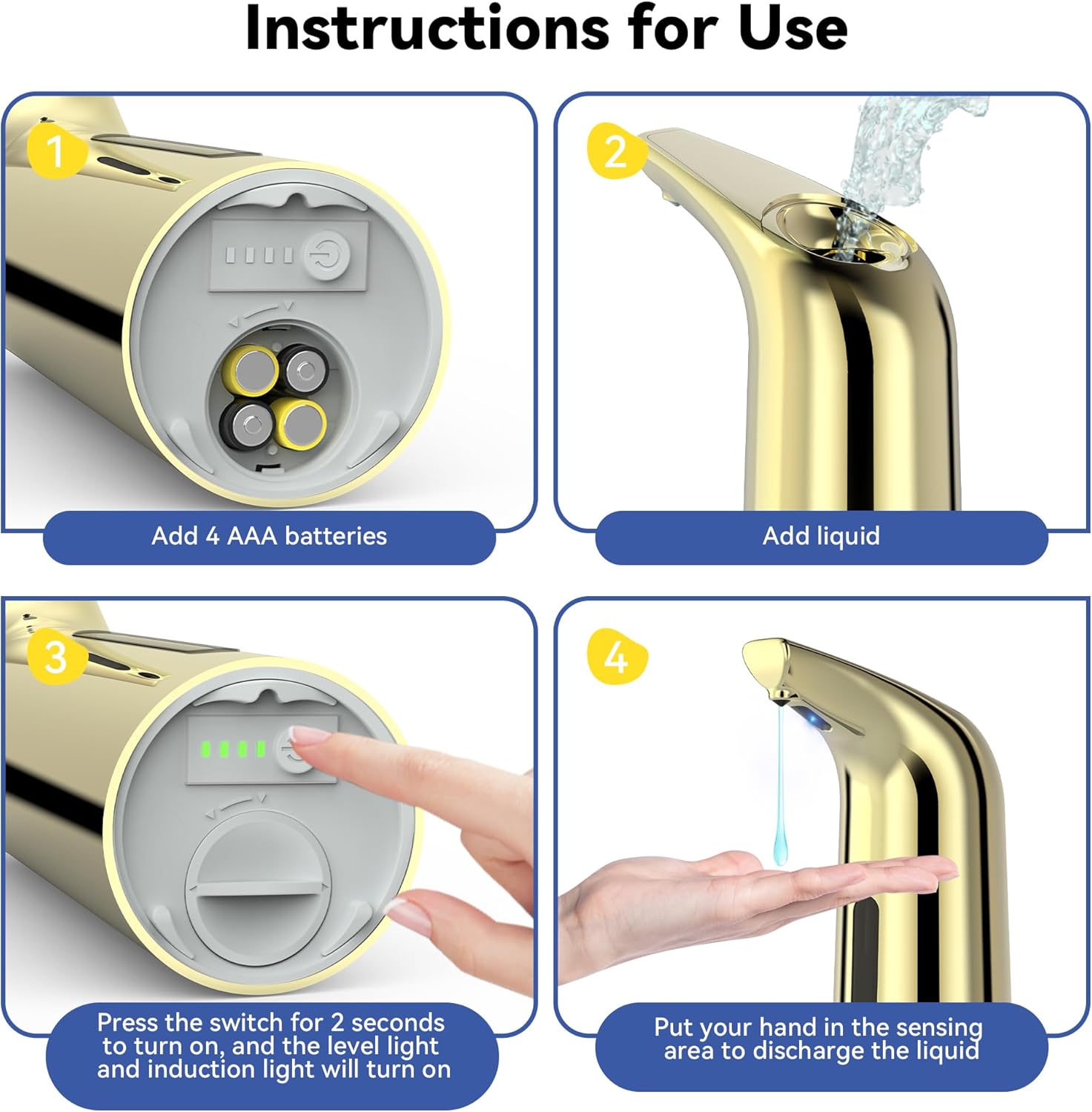 Automatic Soap Dispenser with Infrared Sensor - Adjustable 4-Level Touchless Hand Soap for Kitchen, Bathroom - Battery Operated Electric Dispenser, Durable Plastic, Smart Soap Holder （400ml Gold）