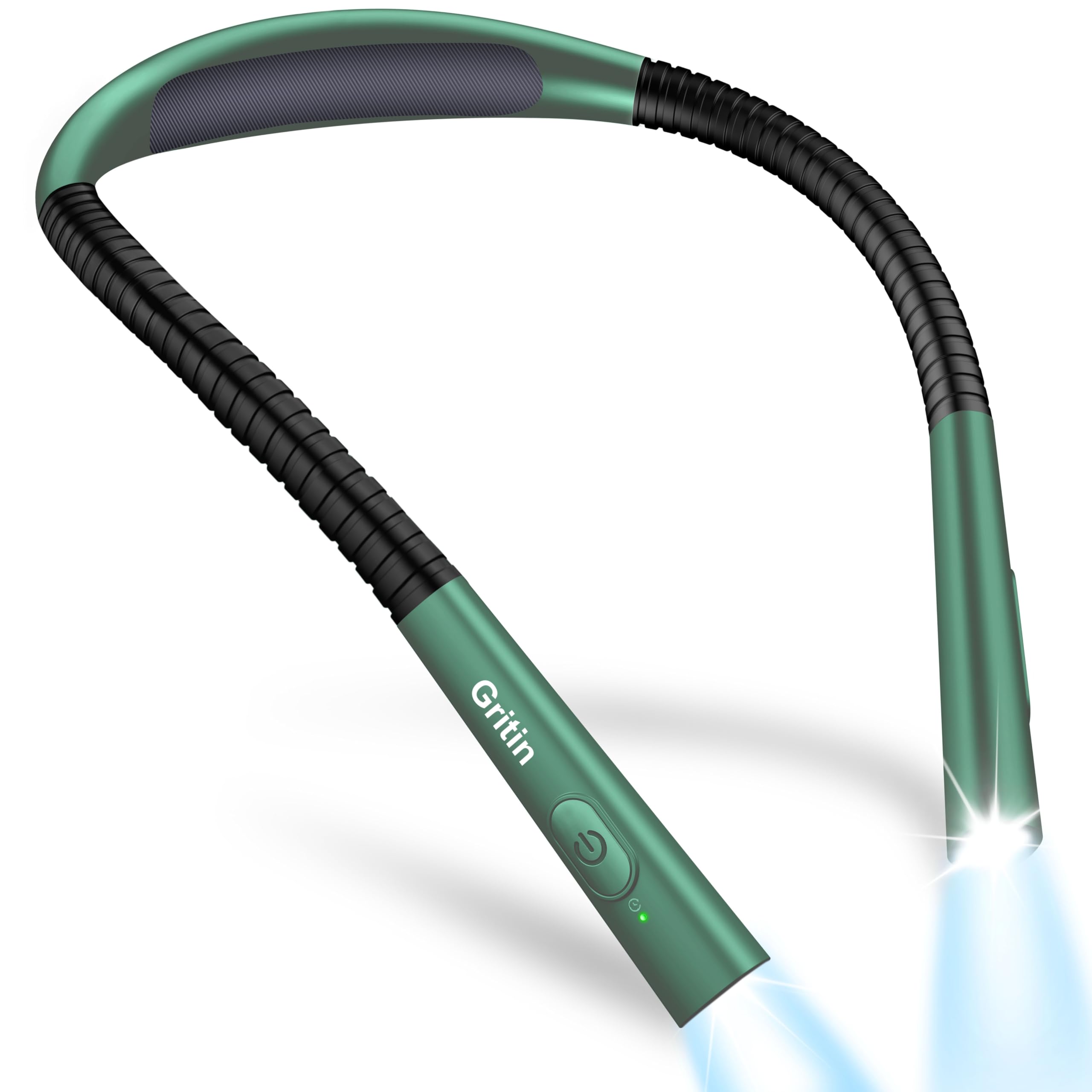 Gritin Book Light, Rechargeable Neck Light for Reading - 4-Color&5-Brightness,Bendable Arms,30-min Timer,80+ Hrs Runtime,Neck Curve Fit Ergonomic Design, Comfortable for Repairing etc-Dark Green