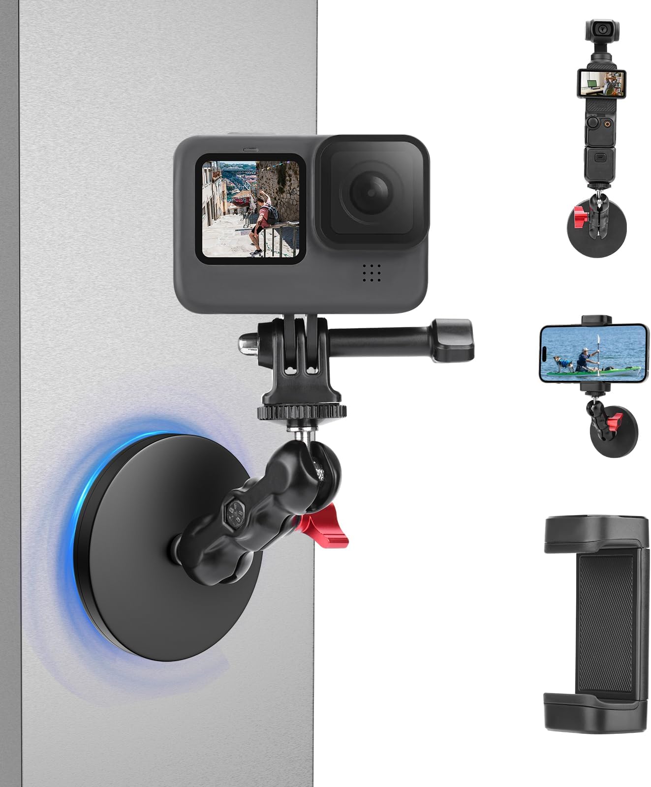 Magnetic Camera Mount Base for DJI Osmo Action 5 Pro 4 3/Pocket 3/360,Magnetic Rubber Coating Car Holder, 360°Adjustment Stand for GoPro,for Insta360,for AKASO Accessories