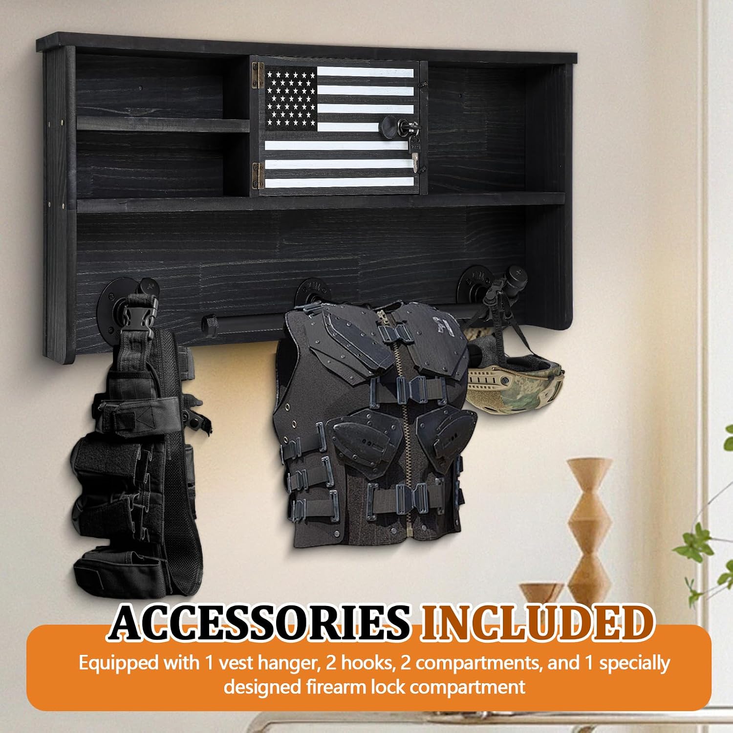 DoubleFill Police Gear Rack Police Vest Wall Mounted Hanger USA Flag Tactical Gear Stand with Gun Storage Plate Carrier Law Enforcement Organizer Accessories for Men Veteran Gift