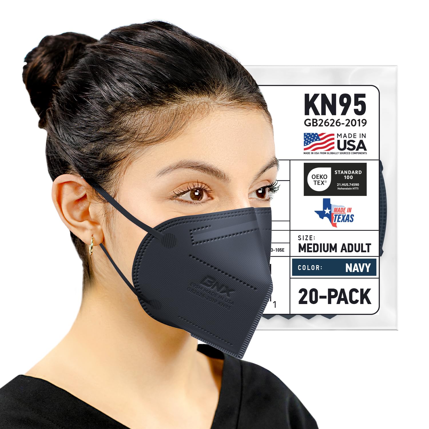 BNX KN95 Face Masks Made in USA (Adult Large, Adult Medium, Kids Small) (Earloop) (Model: E95/E95M/E95S)