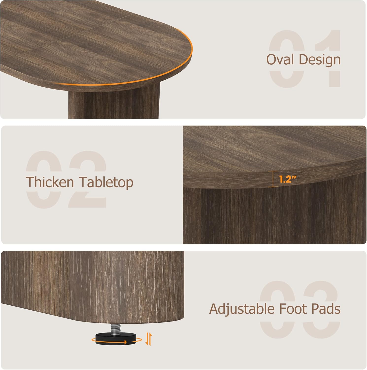 Close-up of table showing oval design, thick tabletop, and adjustable foot pads