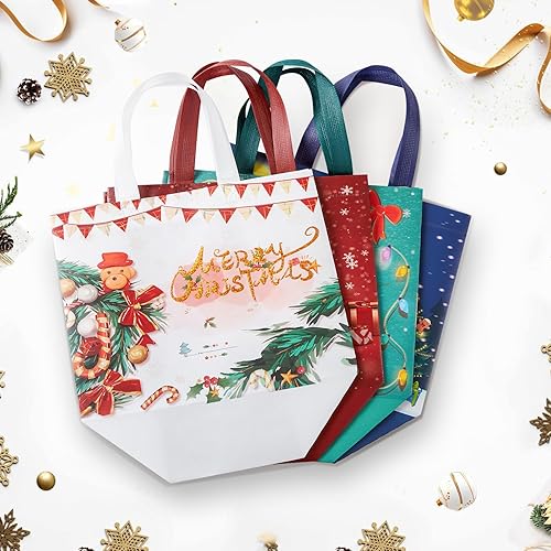Miniatura 8 de YANGTE Paquete de 8 bolsas de regalo de Navidad con asas, bolsas grandes no tejidas para envolver recuerdos de fiesta de Navidad, 12.8 x 9.8 x 6.7
