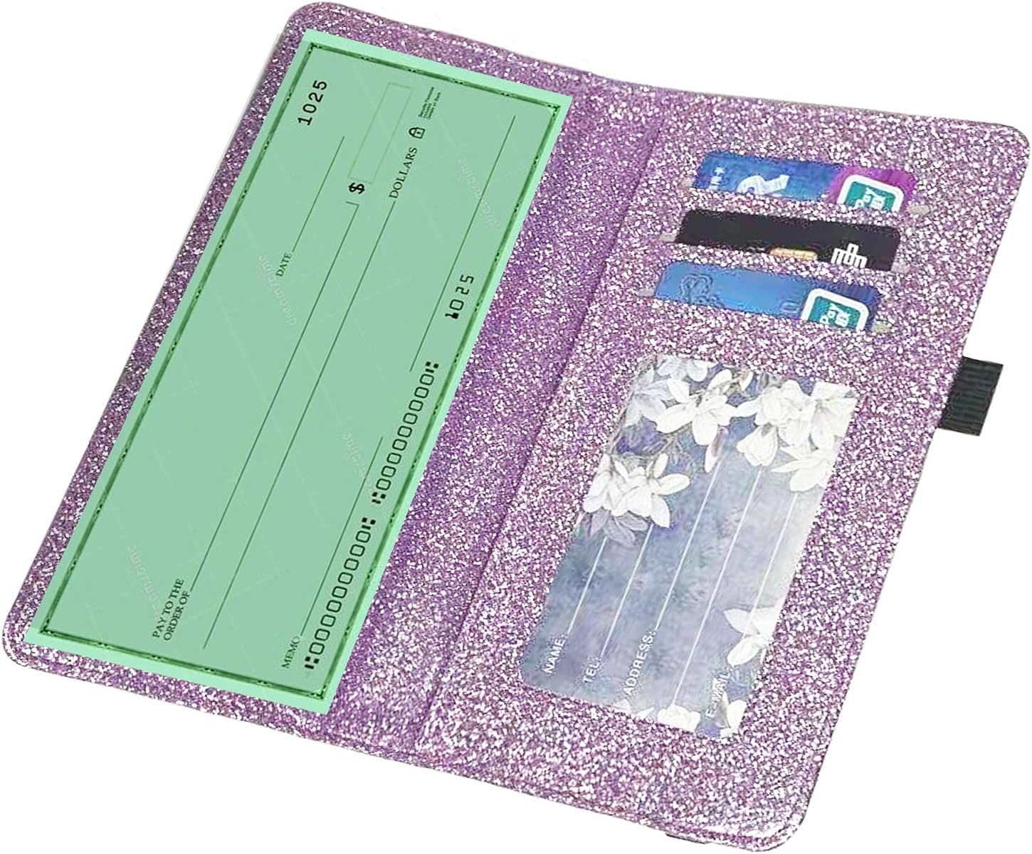 DMLuna Checkbook Cover with RFID Blocking Function, Premium Leather Check book Holder Wallet for Men and Women, Glitter Purple