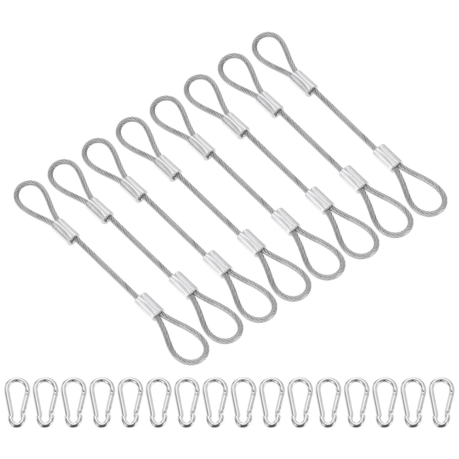 PATIKIL 5 Inch Safety Cable Lock, 8 Pcs 304 Stainless Steel Security Wire Ropes Double Loop Anti-Theft Safety with 16 Spring Buckles for Bicycles Luggage Stage Lighting, Clear