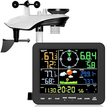 Wireless Weather Station with Rain Gauge & Wind Speed, Indoor Outdoor Thermometer, Humidity, Weather Forecast, Moon Phase, Alarm Clock for Home, Backyard and Patio No WiFi