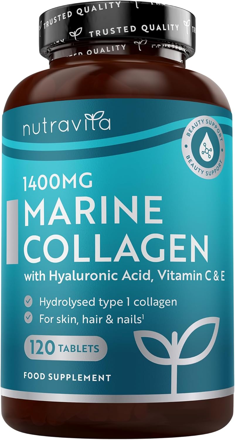 Nutravita Marine Collagen Tablets 1400mg Enhanced with Hyaluronic Acid – Hydrolysed Collagen Supplements for Women & Men – 120 Tablets (2 Month Supply) – with Vitamin C, Vitamin E & Zinc – Not Powder