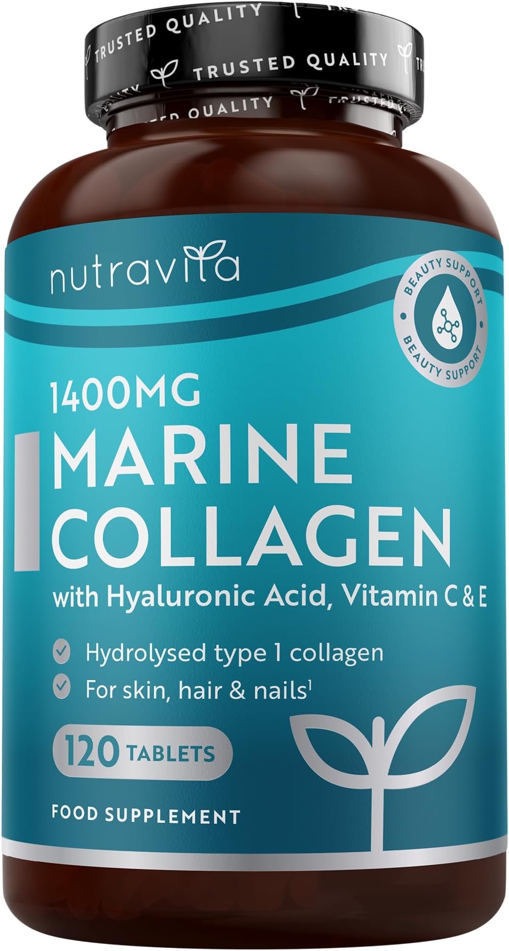 Nutravita Marine Collagen Tablets 1400mg Enhanced with Hyaluronic Acid - Hydrolysed Collagen Supplements for Women & Men - 120 Tablets (2 Month Supply) - with Vitamin C, Vitamin E & Zinc - Not Powder