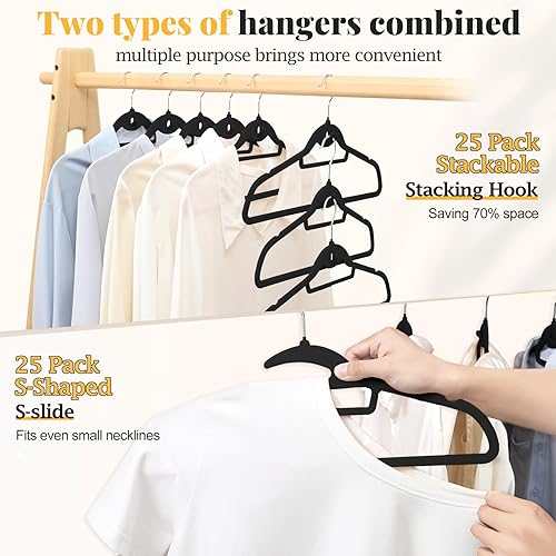 Miniatura 2 de UEAKPIC Paquete de 48 perchas de terciopelo negro, en forma de S y apilables, antideslizantes, con gancho giratorio de 360, ultra finas y