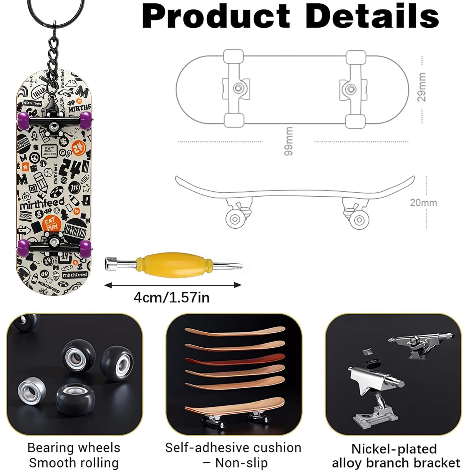 Mini Finger Skateboards,Kreatives Fingerboard,Professionelle Fingerskateboard,Ahornplatte mit Kugellagerrollen,für Skateboarding Enthusiasten(Weiß,Personen ab 14 Jahren) (Graffiti-Muster)