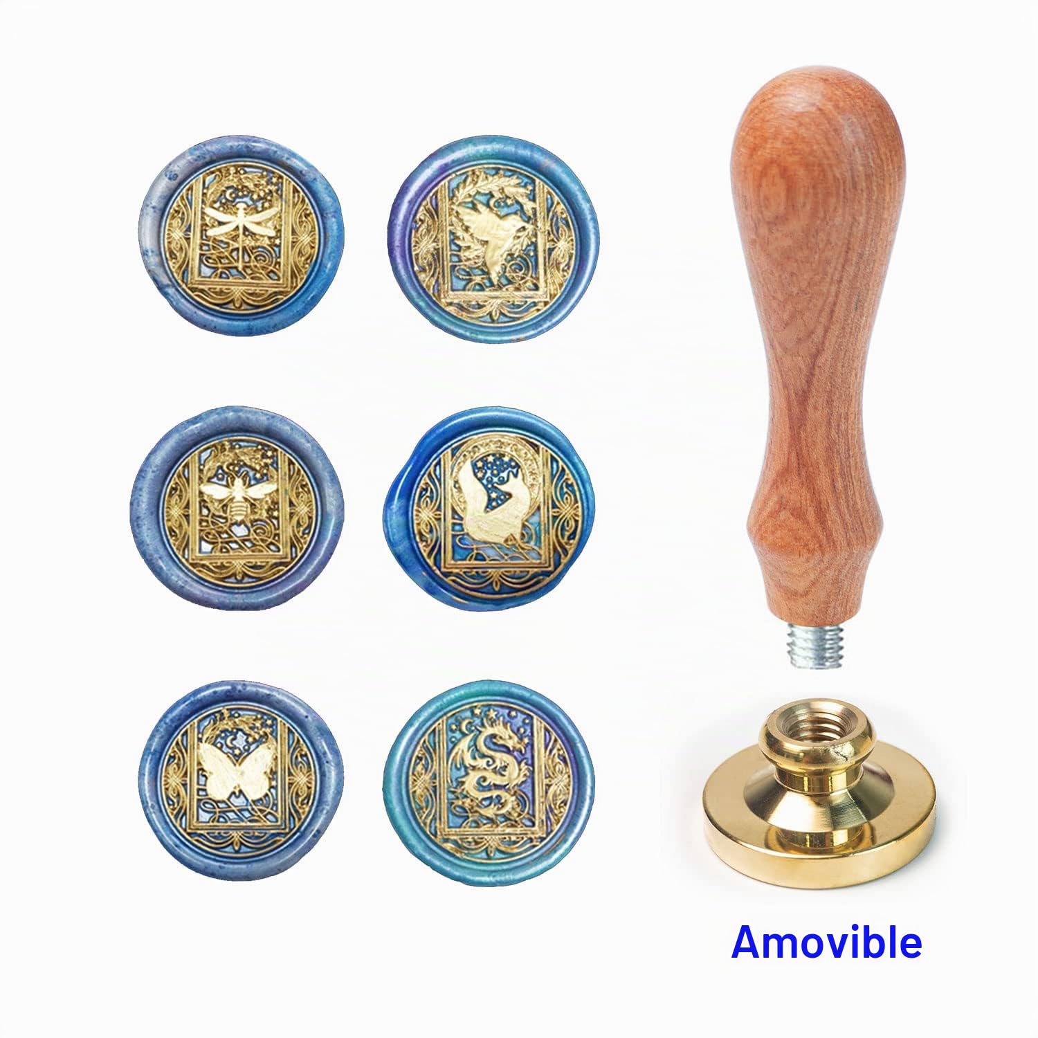 Kit de Tampons de Cire pour Animaux - 6 Têtes en Laiton Amovibles et 1 Manche en Bois - Pour Cartes d'Invitations avec Motif Dragon d'Abeille