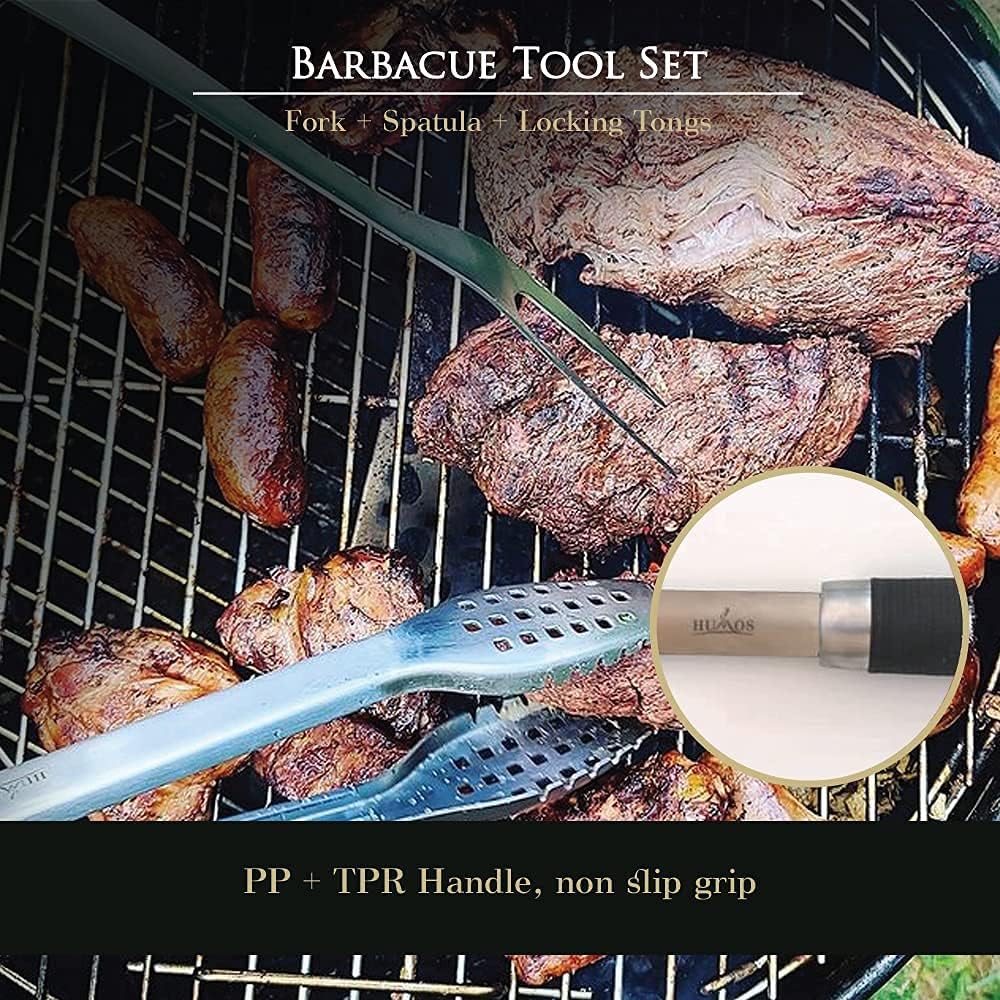 HUMOS Grill Tools Set Premium Quality, Heavy Duty Stainless Steel 3 Barbecue Tool Set - Fork, Spatula, Locking Tongs & Grill Brush : Patio, Lawn & Garden