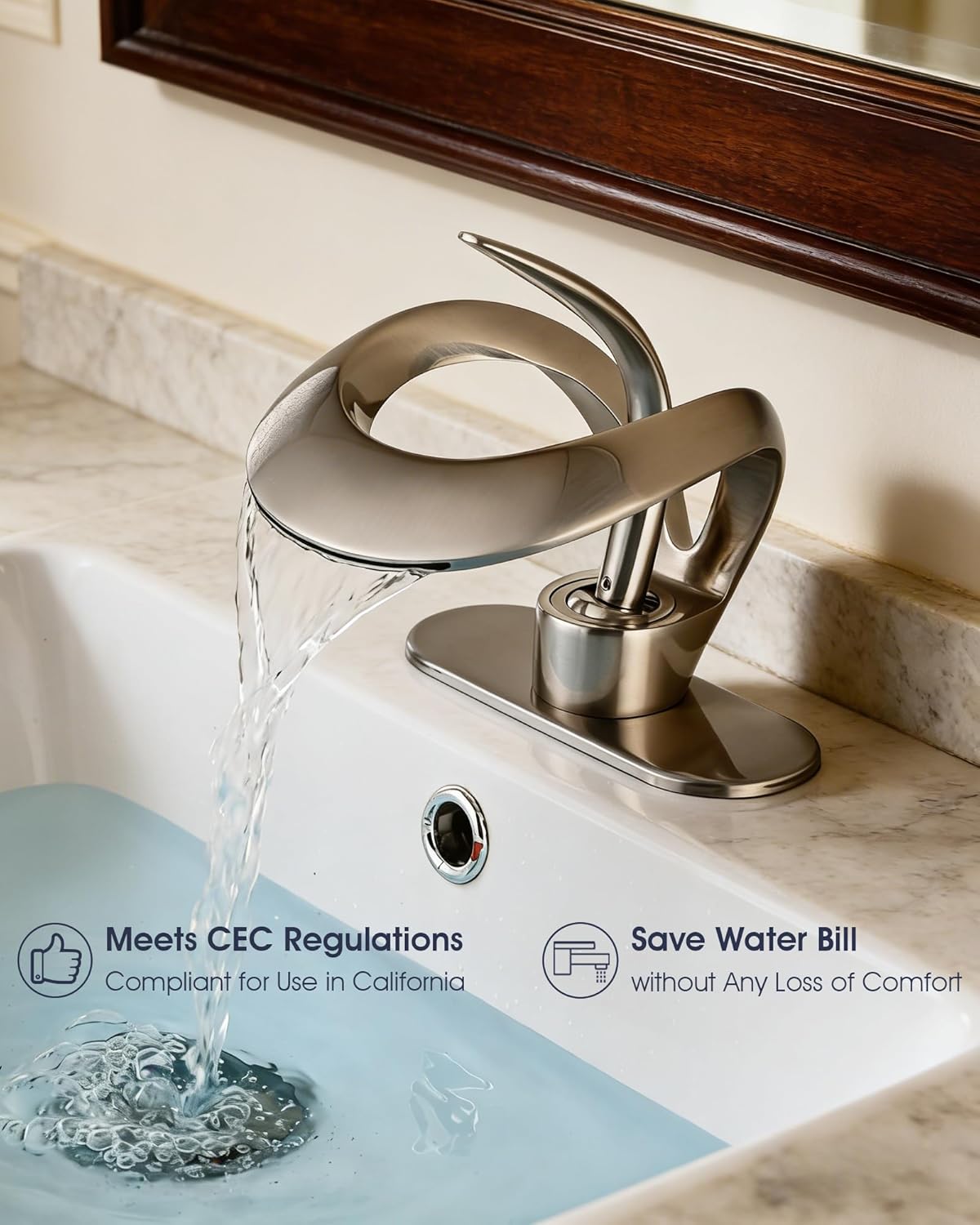 Elegant Bathroom Sink Faucet Single Hole,AUU Waterfall Brushed Nickel Vanity Sink Faucet Solid Brass,Single Handle Basin Tap with Pop Up Drian Deck Plate Supply Line (Brushed Nickel, Short) - Image 5