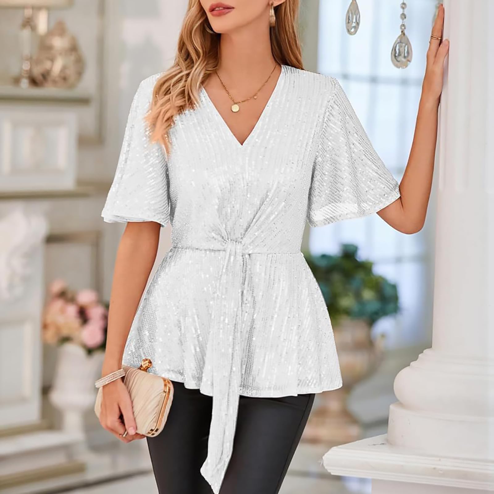 Top a lentejuelas para mujer, camiseta de noche, camiseta de cuello en V, elegante, camiseta de manga volante, alta elegante, color liso, camiseta holgada, camiseta de baile carnaval, camiseta