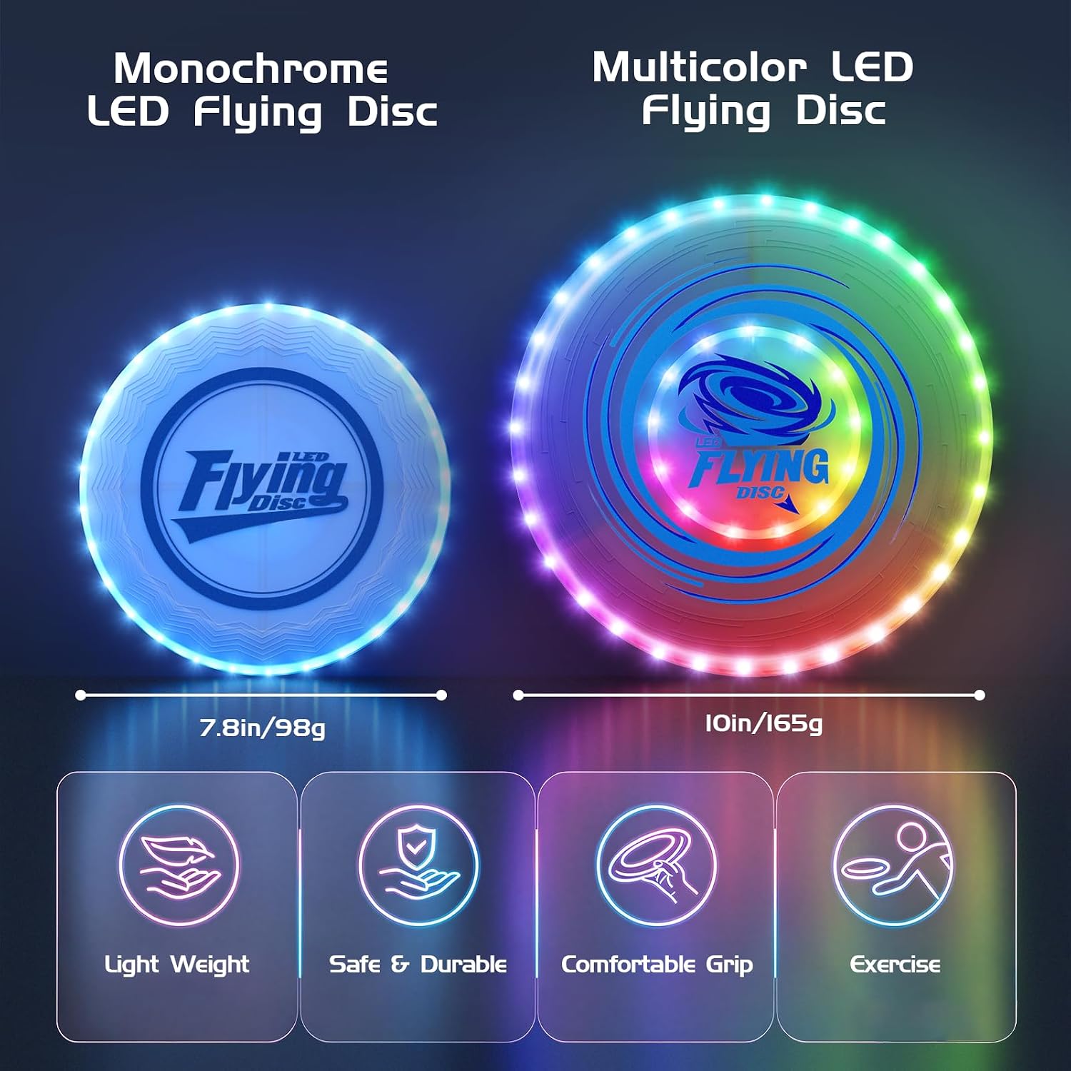 Wee Wonders 2 Pack Light Up Flying Discs for Kids Adults, 10" Rechargeable Disc with 45 LEDs, 14 Lighting Modes & 7.8" Built-in Battery Disc, Glow in The Dark Flying Ring for Beach Camping Sport Game