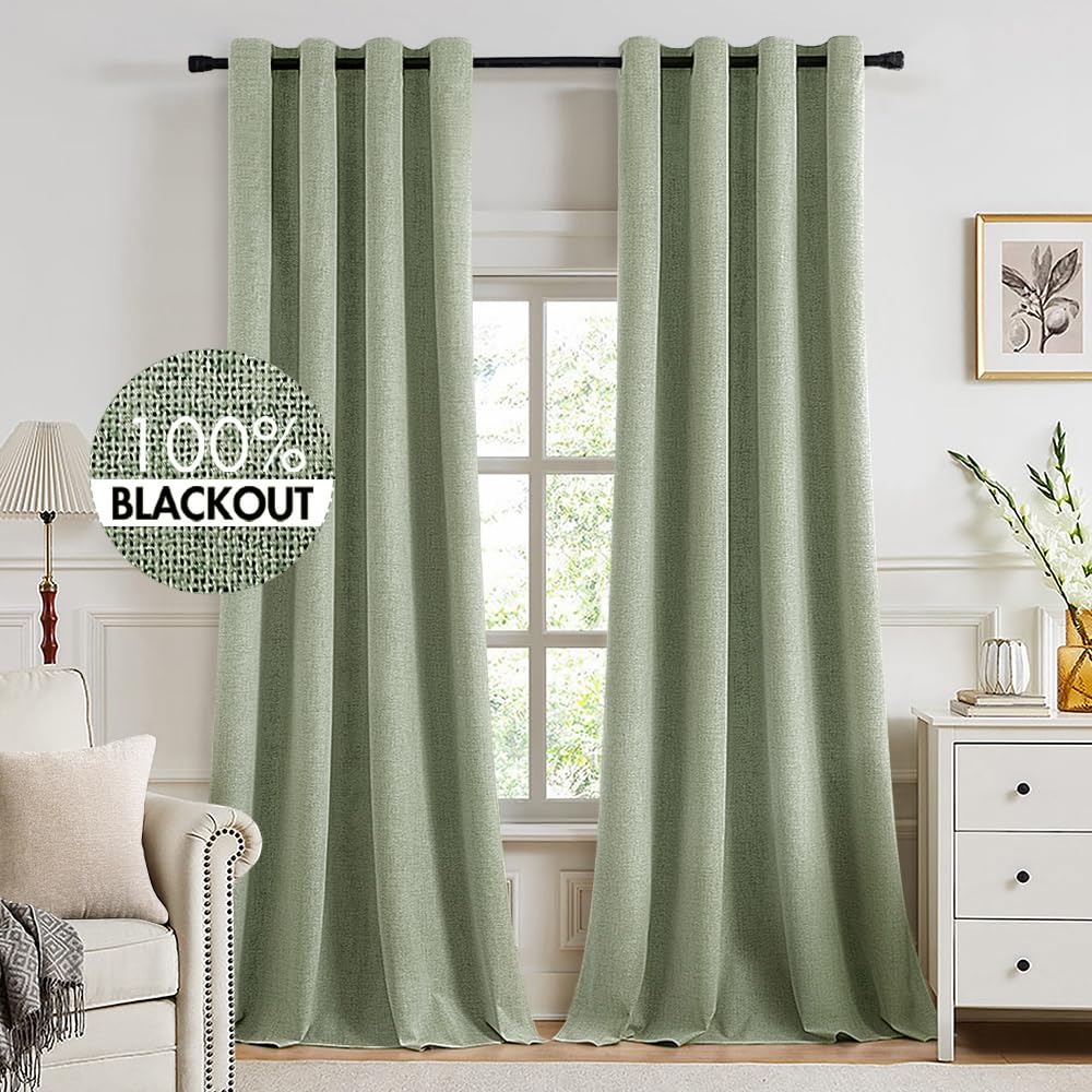 MIULEE Linen Texture Curtains for Bedroom Solid 100% Blackout Thermal Insulated Sage Green Curtains Grommet Room Darkening Drapes for Living Room